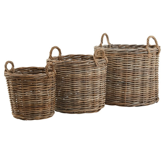 Kubu Rattan Round Storage Baskets - Set of 3